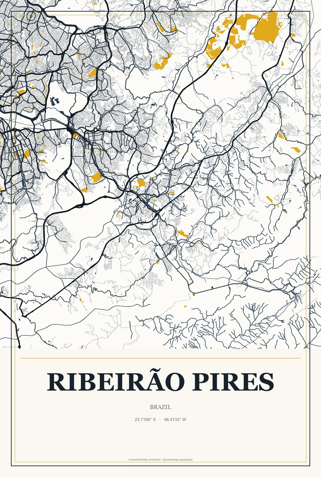 Ribeirão Pires, Brazil City Map Aluminum Sign in Citrine Modern style