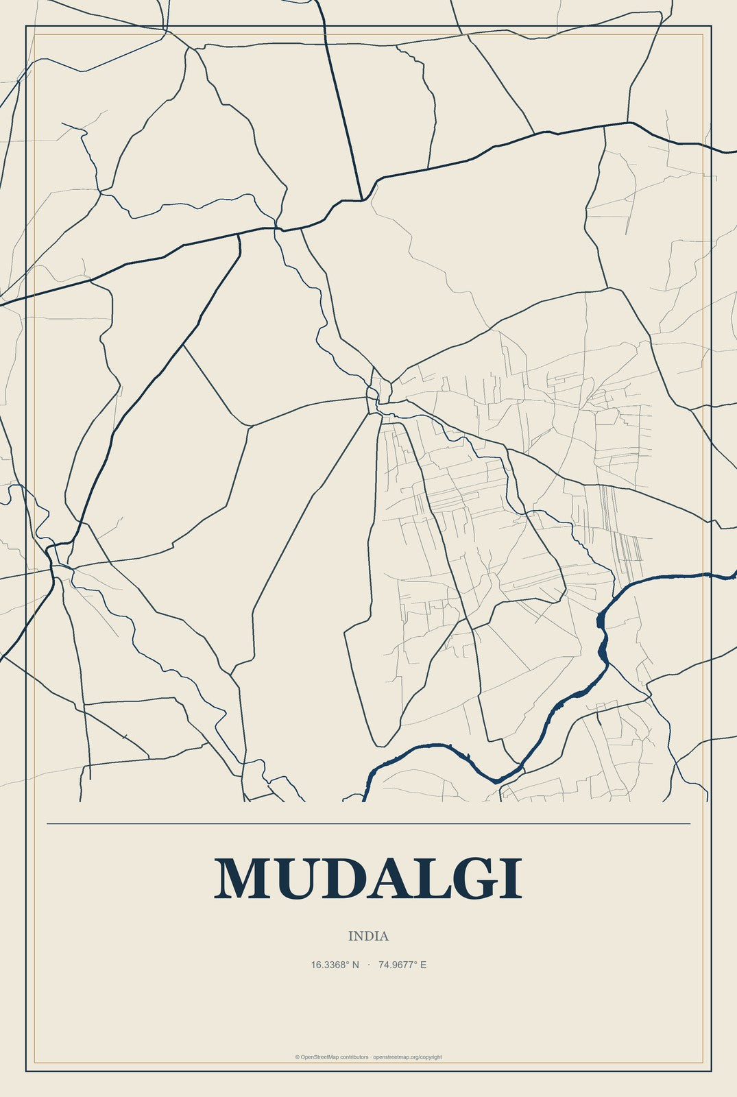 Mudalgi, India City Map Aluminum Sign in Coastal Cutout style