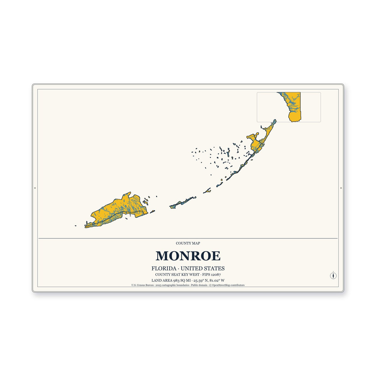 Monroe County, Florida Map Aluminum Sign in Citrine Modern style