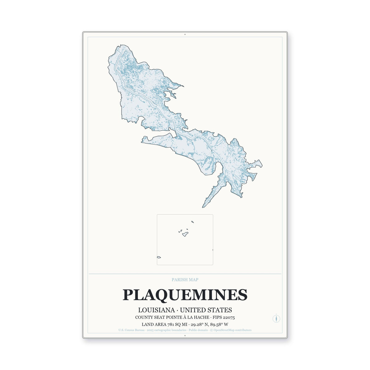 Plaquemines Parish, Louisiana Map Aluminum Sign in Gallery Air style
