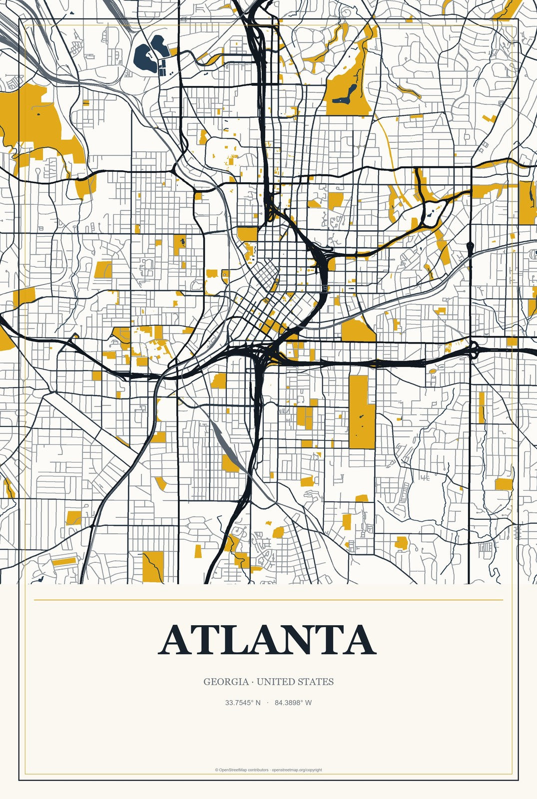 Atlanta, Georgia City Map Aluminum Sign in Citrine Modern style