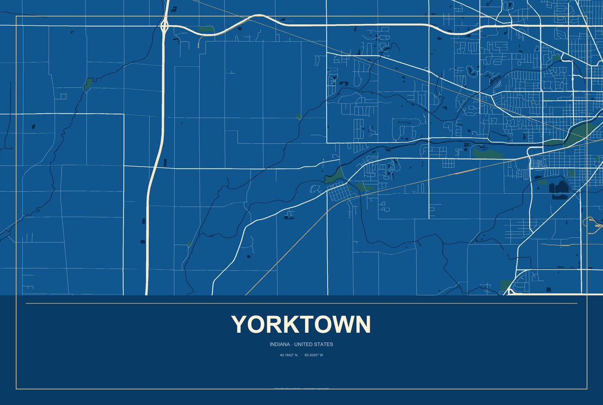 Yorktown, Indiana City Map Aluminum Sign in Harbor Cobalt style