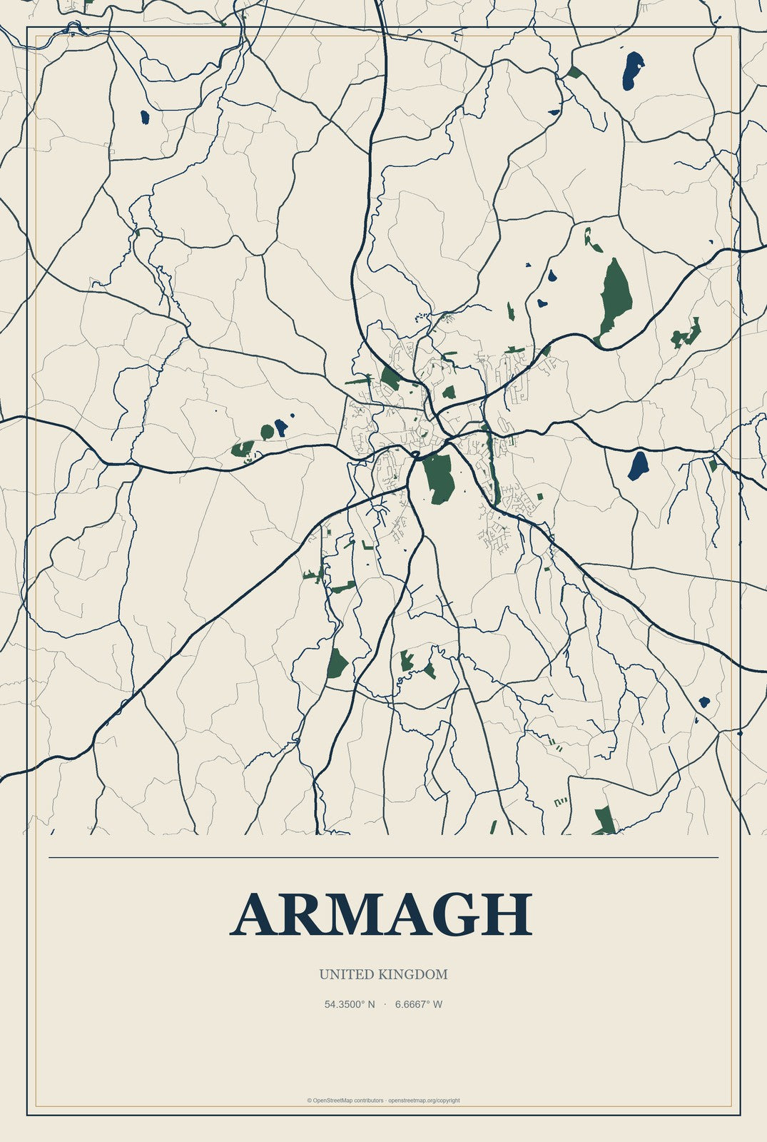 Armagh, United Kingdom City Map Aluminum Sign in Coastal Cutout style