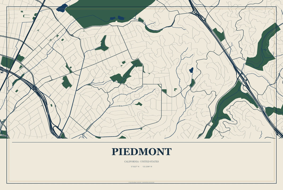 Piedmont, California City Map Aluminum Sign in Coastal Cutout style