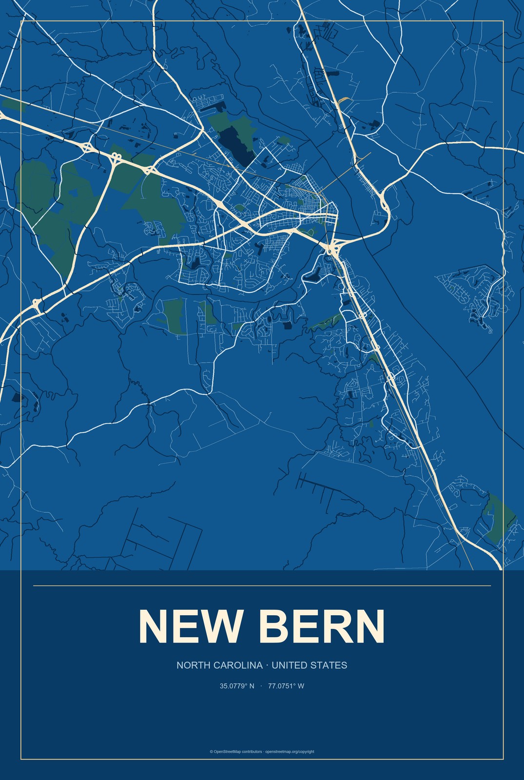 New Bern, North Carolina City Map Aluminum Sign in Harbor Cobalt style