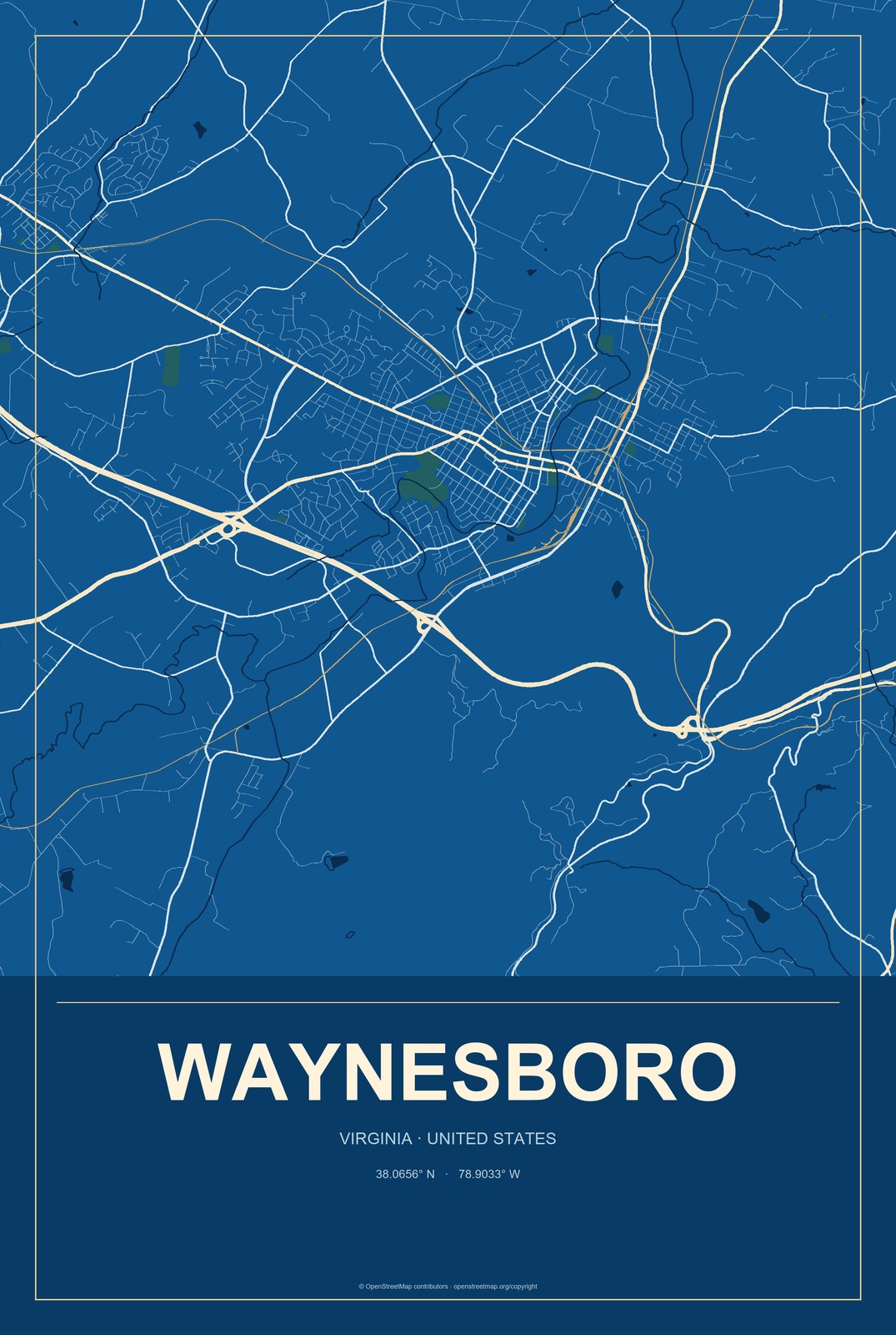 Waynesboro, Virginia City Map Aluminum Sign in Harbor Cobalt style