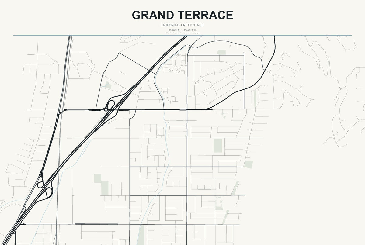 Grand Terrace, California City Map Aluminum Sign in Headline Atlas style