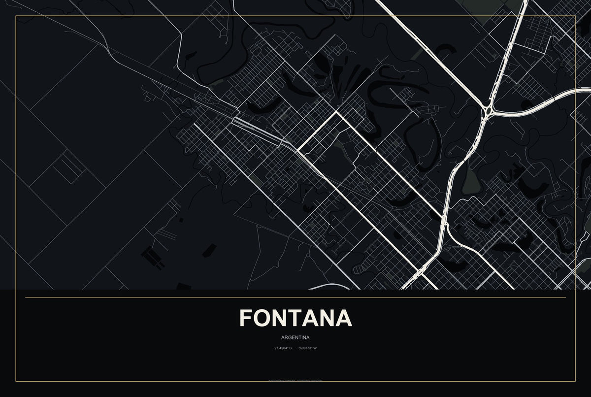 Fontana, Argentina City Map Aluminum Sign in Metropolitan Noir style