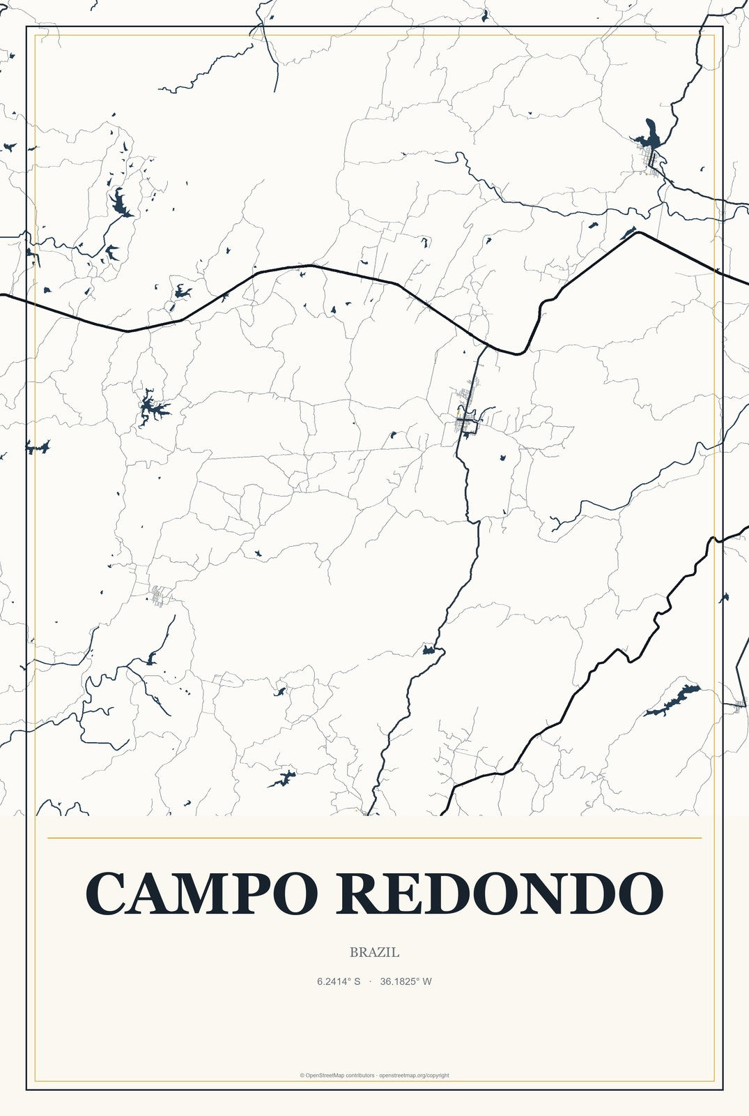 Campo Redondo, Brazil City Map Aluminum Sign in Citrine Modern style