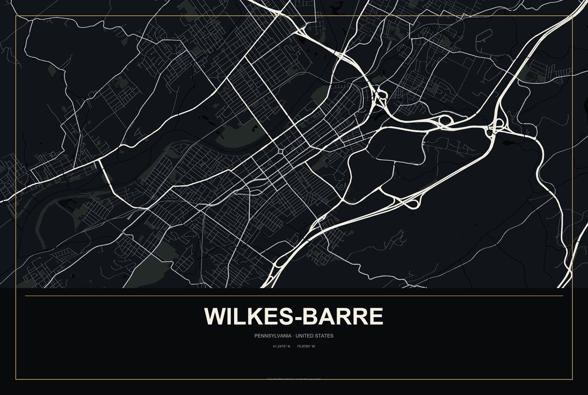 Wilkes-Barre, Pennsylvania City Map Aluminum Sign in Metropolitan Noir style