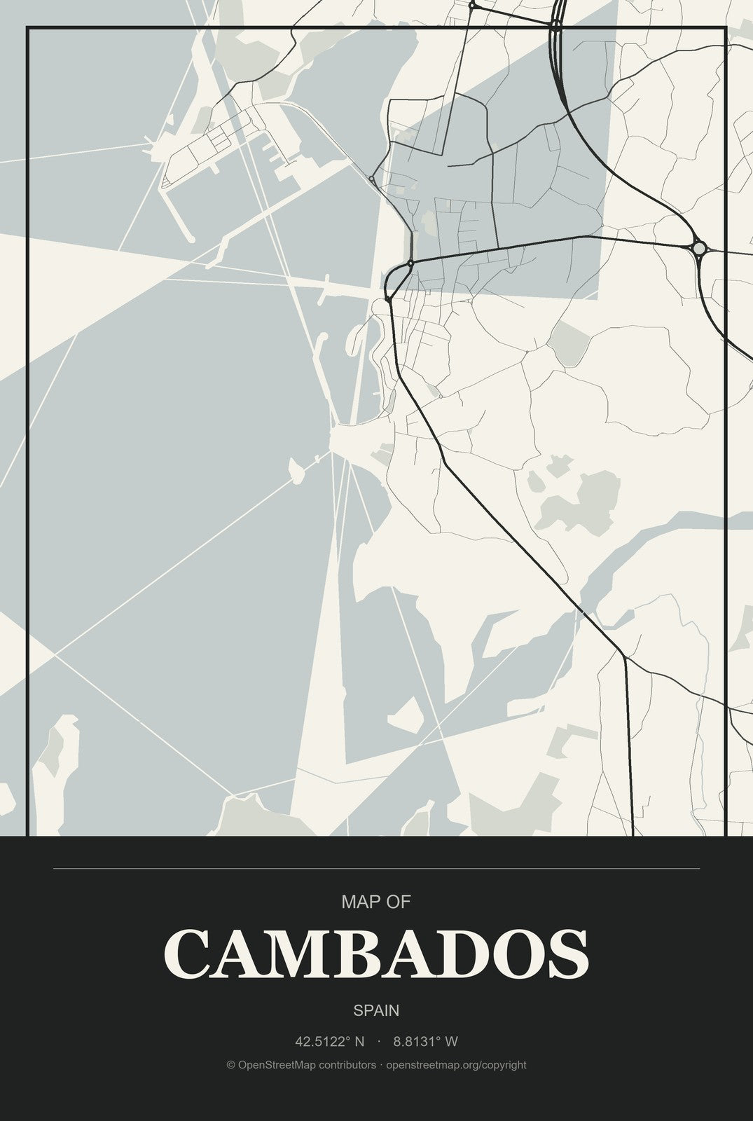 Cambados, Spain City Map Aluminum Sign in Museum Plaque style