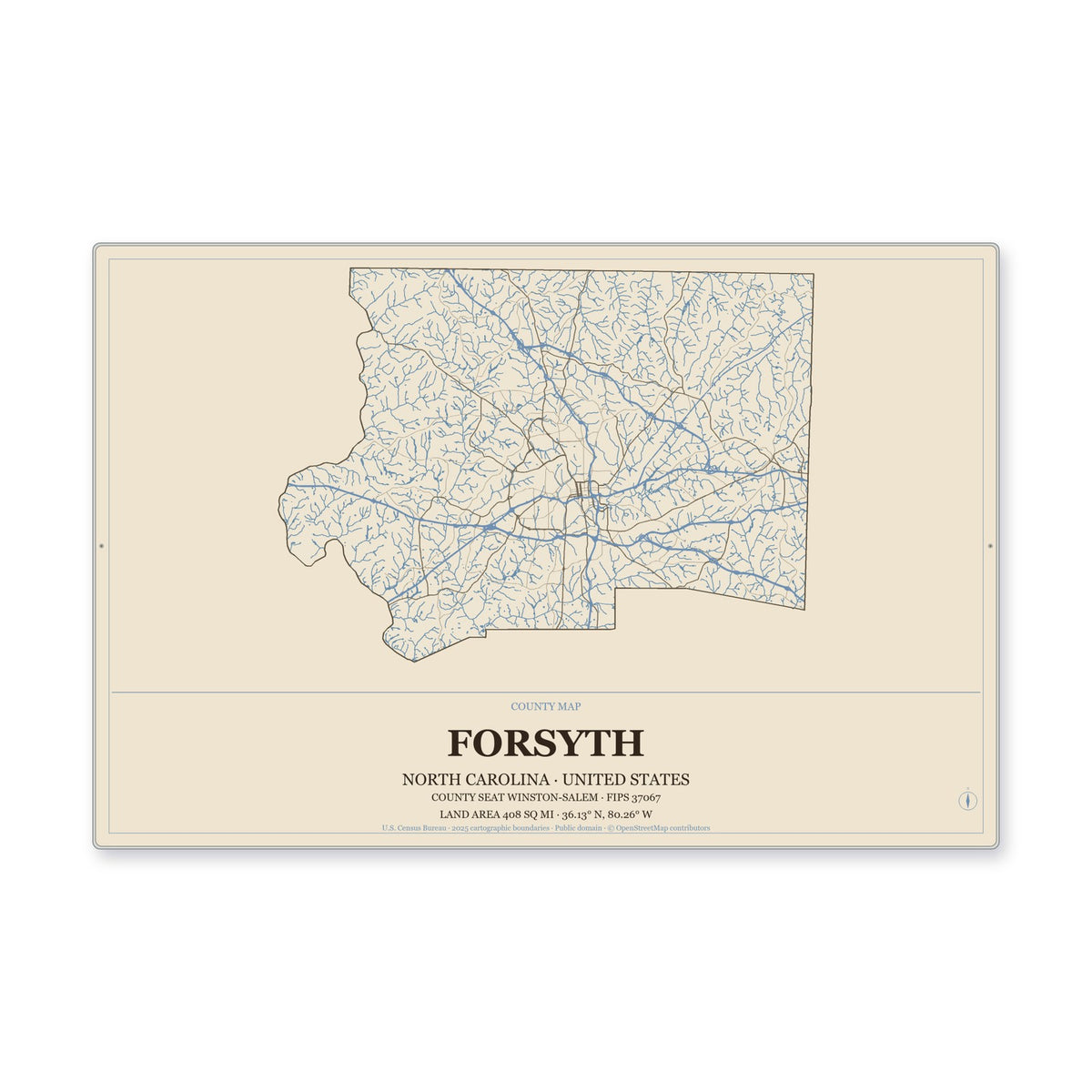 Forsyth County, North Carolina Map Aluminum Sign in Heritage Nautical style