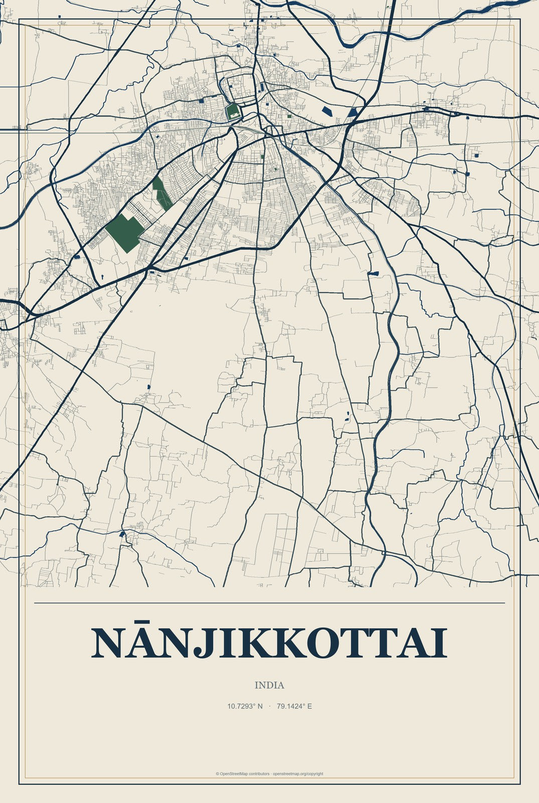 Nānjikkottai, India City Map Aluminum Sign in Coastal Cutout style