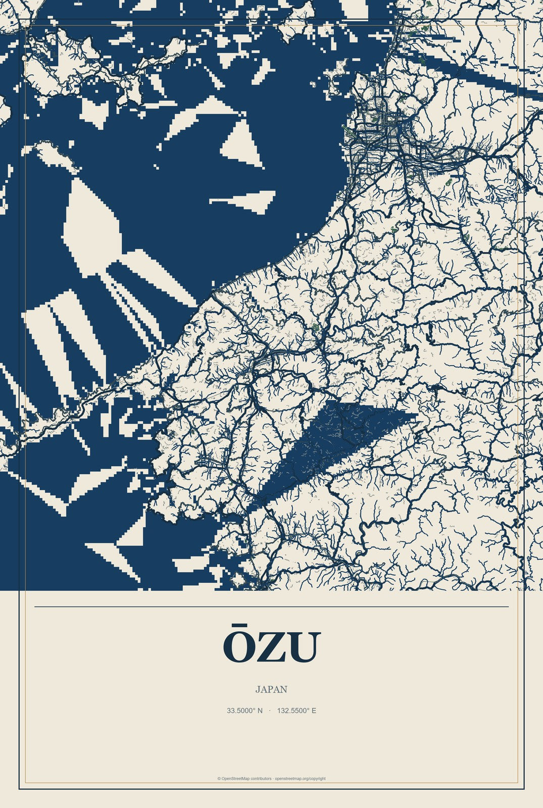 Ōzu, Kumamoto, Japan City Map Aluminum Sign in Coastal Cutout style