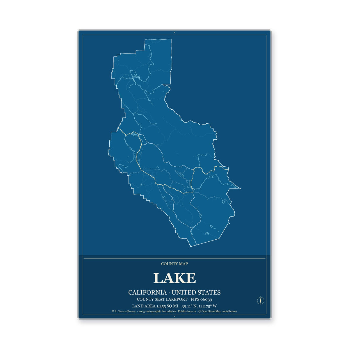 Lake County, California Map Aluminum Sign in Harbor Cobalt style