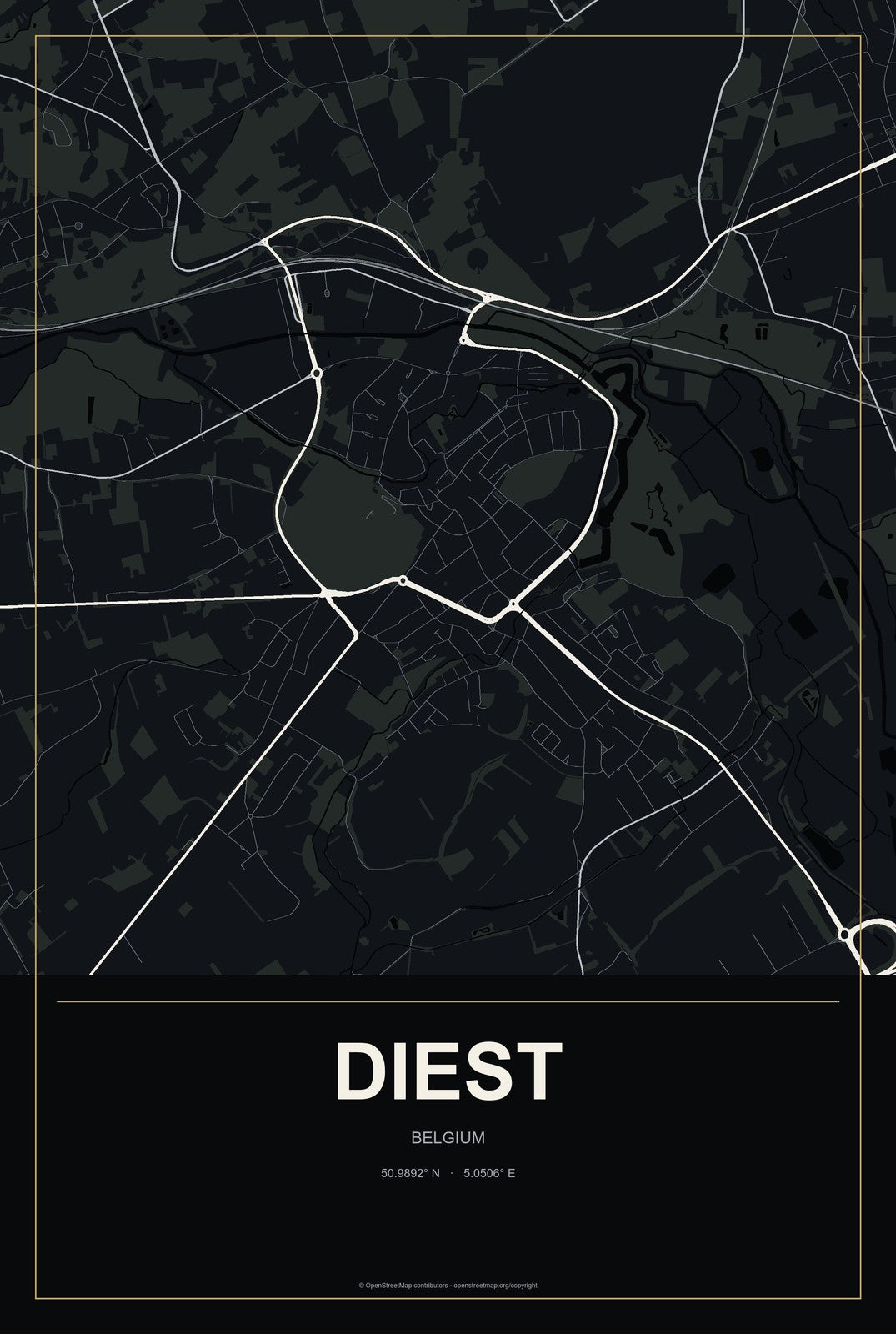 Diest, Belgium City Map Aluminum Sign in Metropolitan Noir style