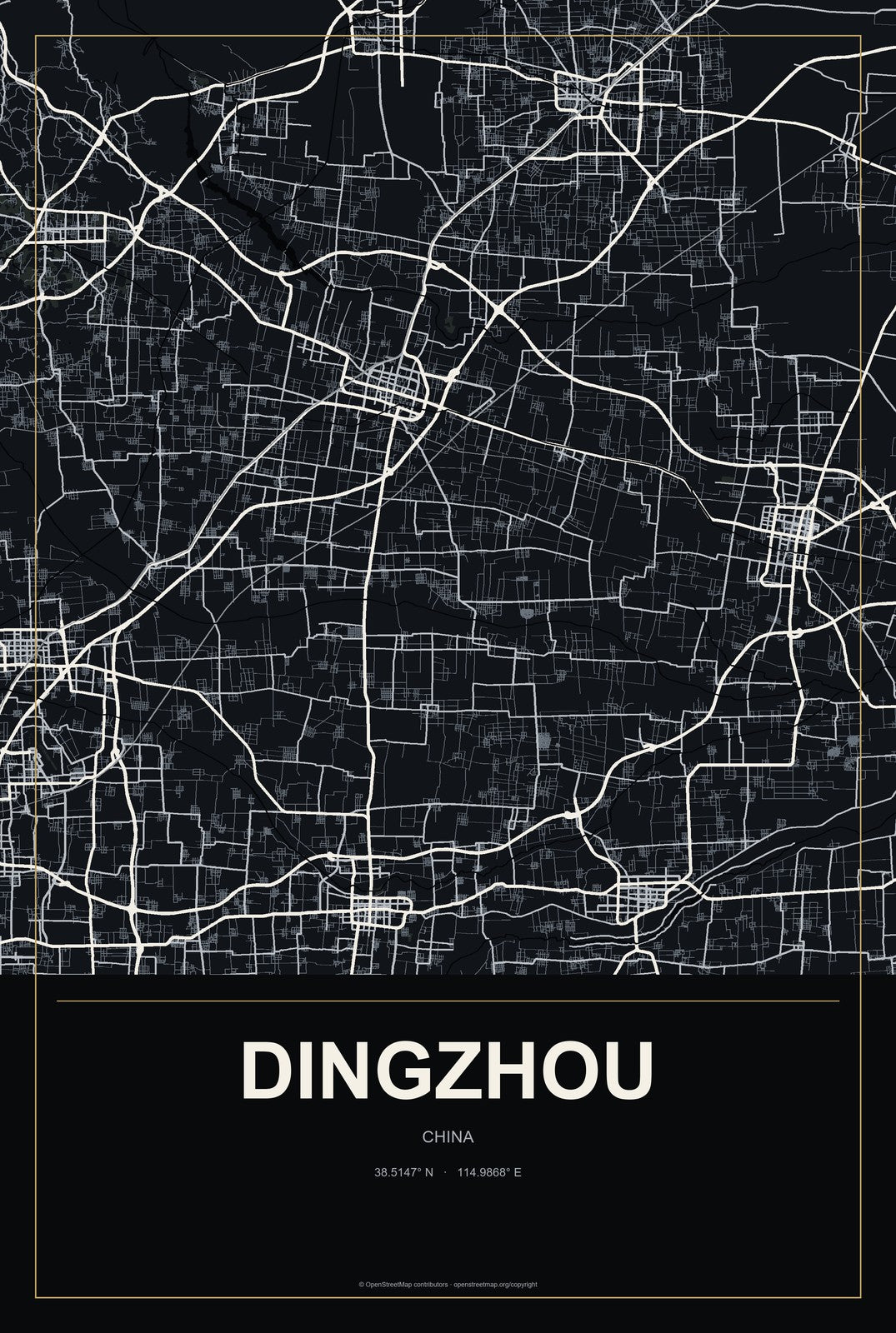 Dingzhou, China City Map Aluminum Sign in Metropolitan Noir style