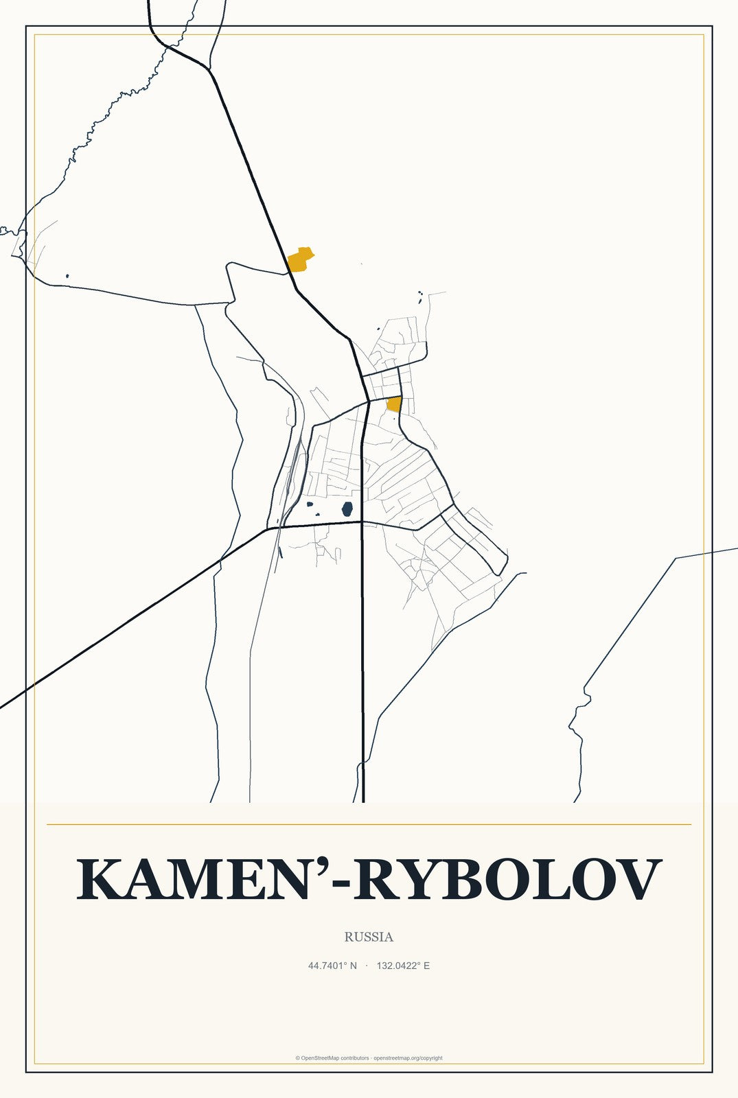Kamen’-Rybolov, Russia City Map Aluminum Sign in Citrine Modern style