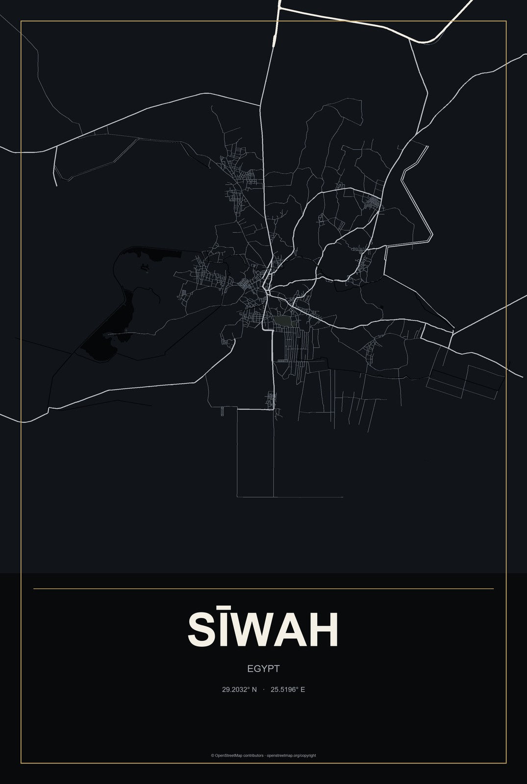 Sīwah, Egypt City Map Aluminum Sign in Metropolitan Noir style