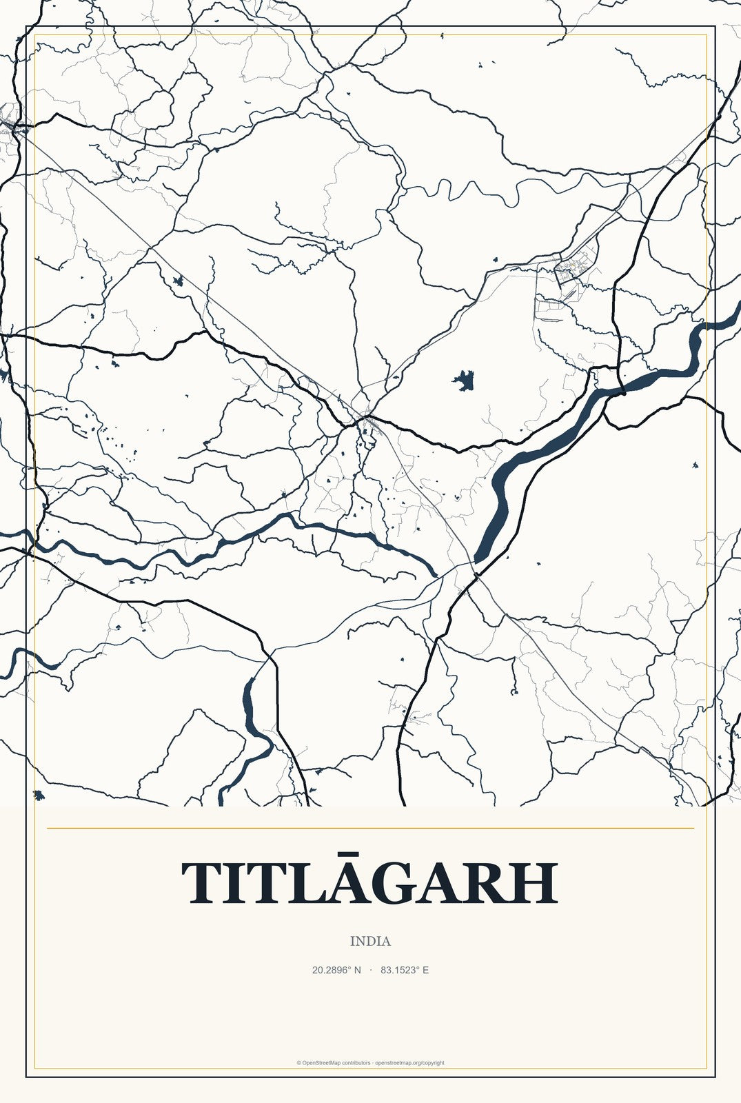 Titlāgarh, India City Map Aluminum Sign in Citrine Modern style