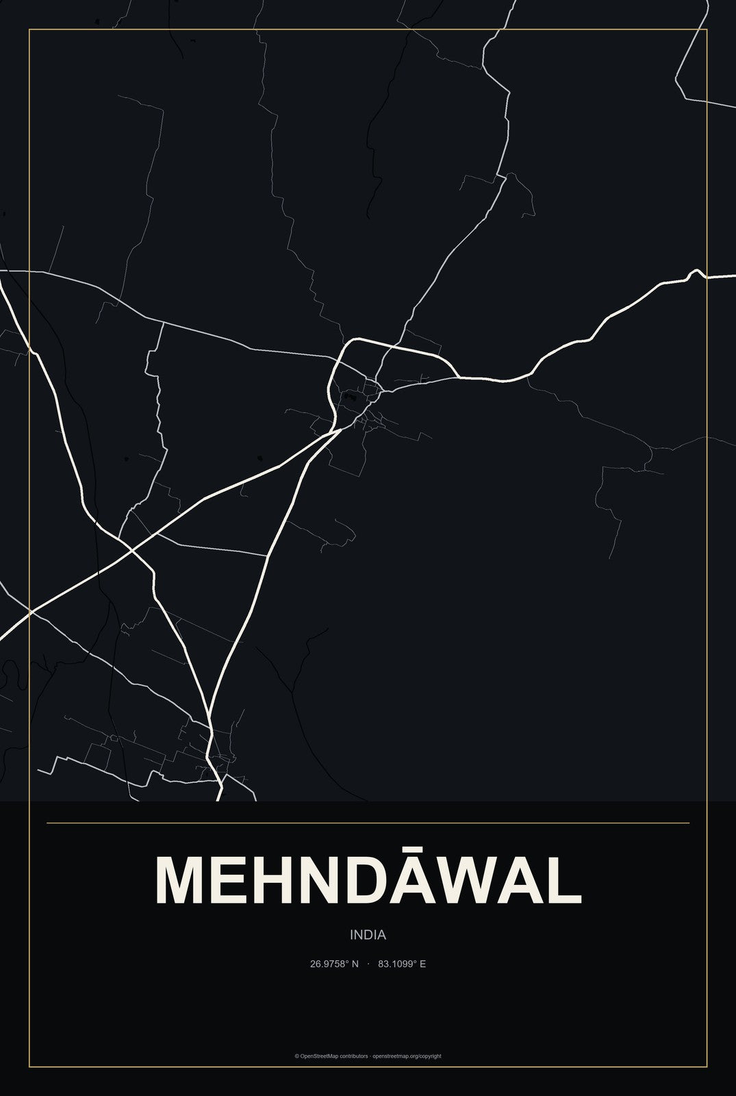 Mehndāwal, India City Map Aluminum Sign in Metropolitan Noir style
