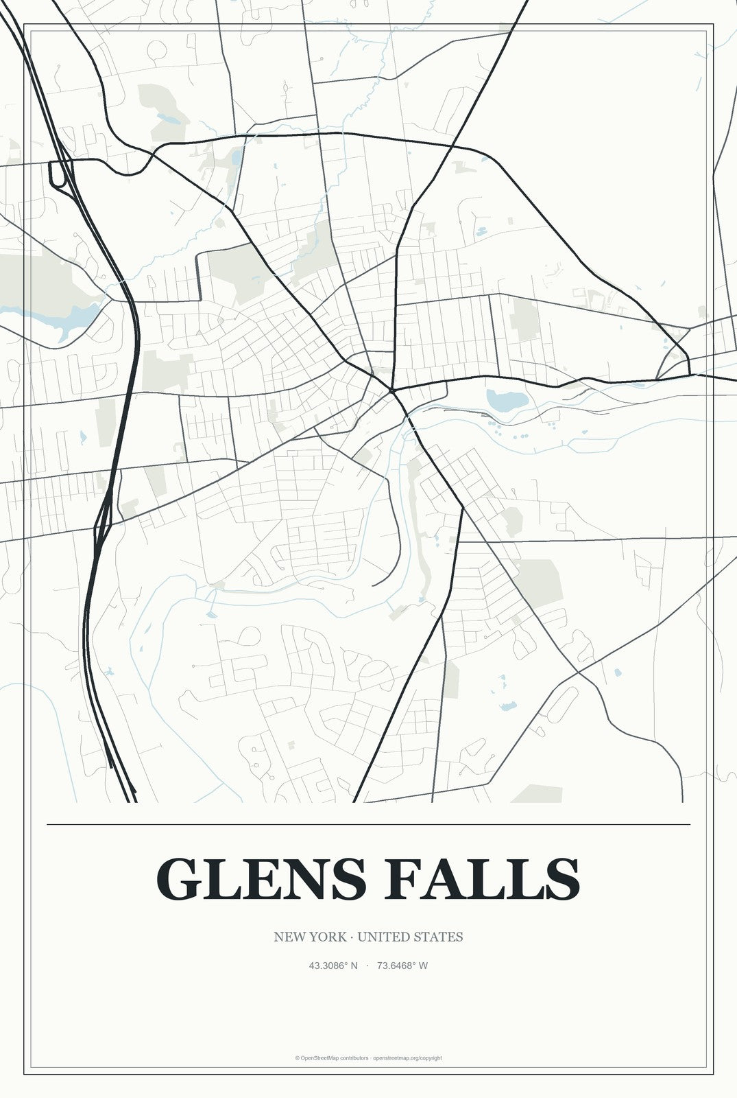 Glens Falls, New York City Map Aluminum Sign in Gallery Air style