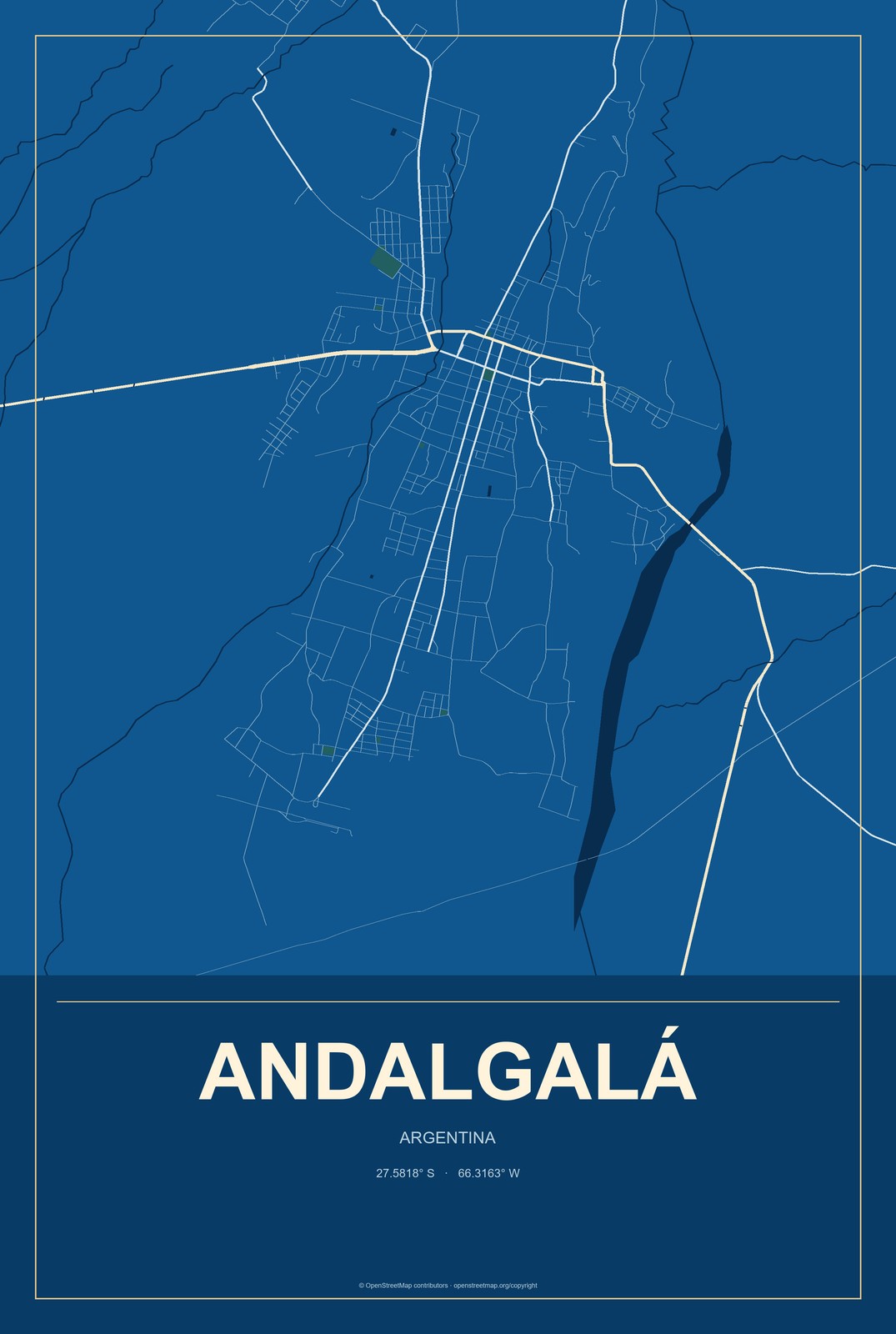 Andalgalá, Argentina City Map Aluminum Sign in Harbor Cobalt style