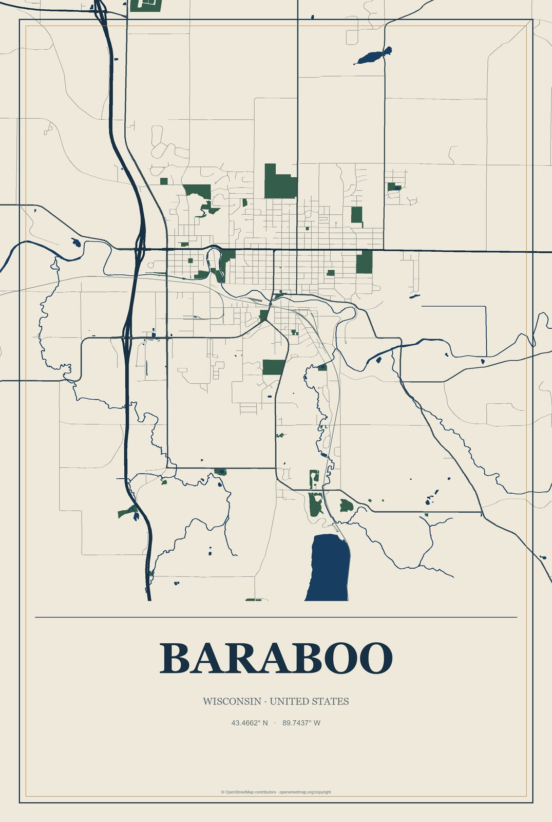 Baraboo, Wisconsin City Map Aluminum Sign in Coastal Cutout style