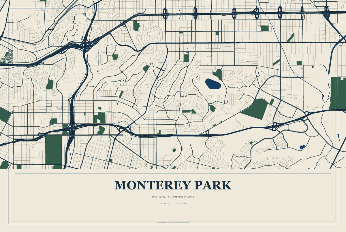 Monterey Park, California City Map Aluminum Sign in Coastal Cutout style