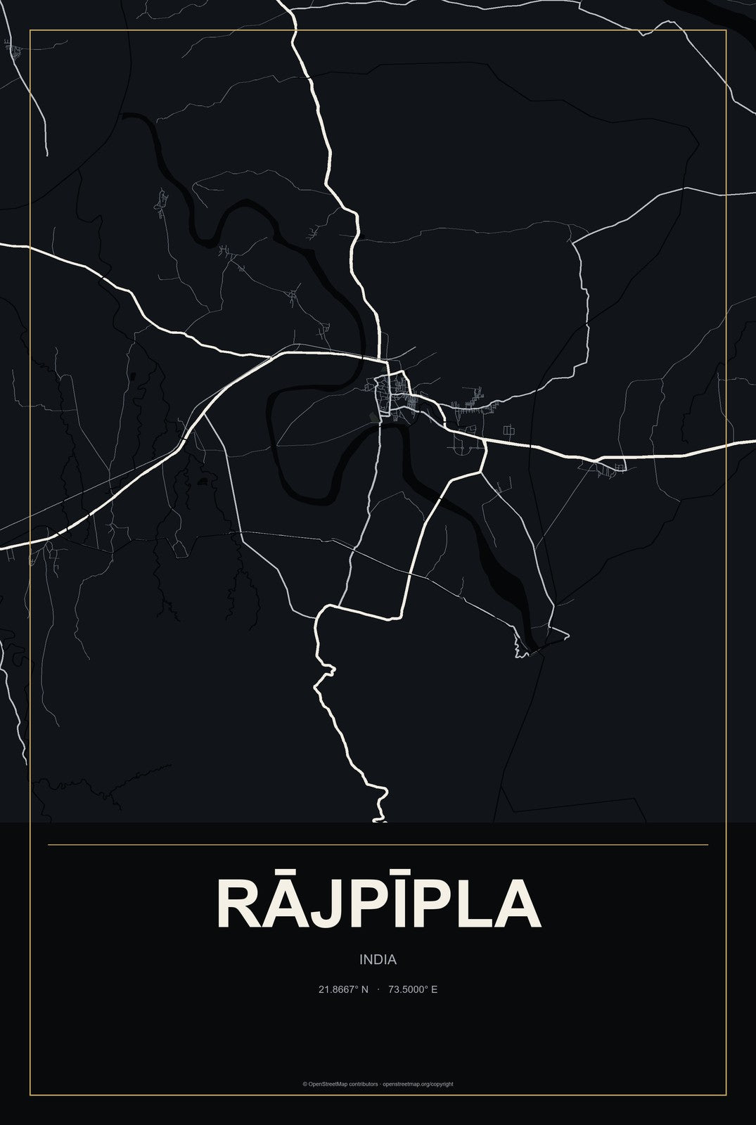 Rājpīpla, India City Map Aluminum Sign in Metropolitan Noir style