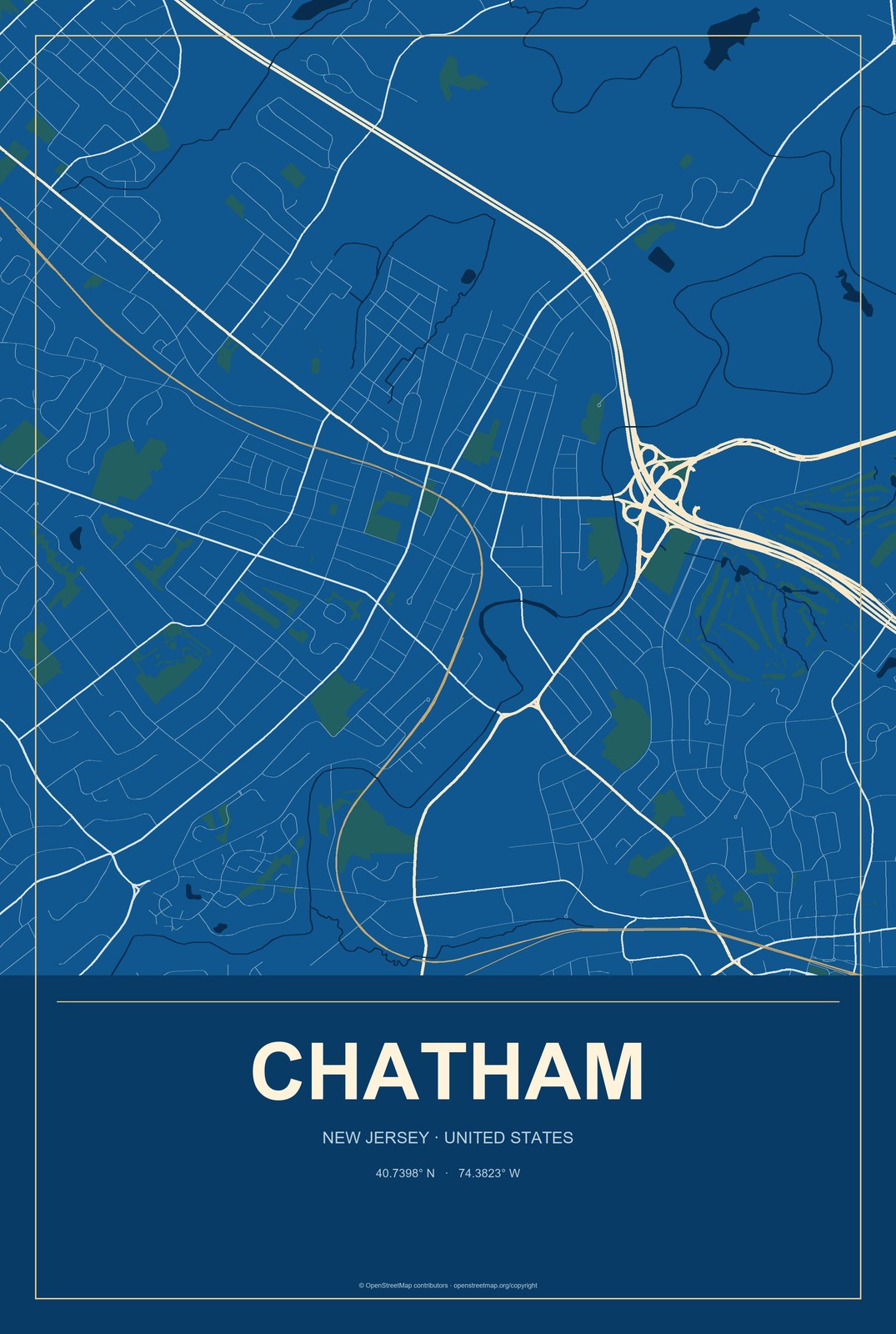 Chatham, New Jersey City Map Aluminum Sign in Harbor Cobalt style