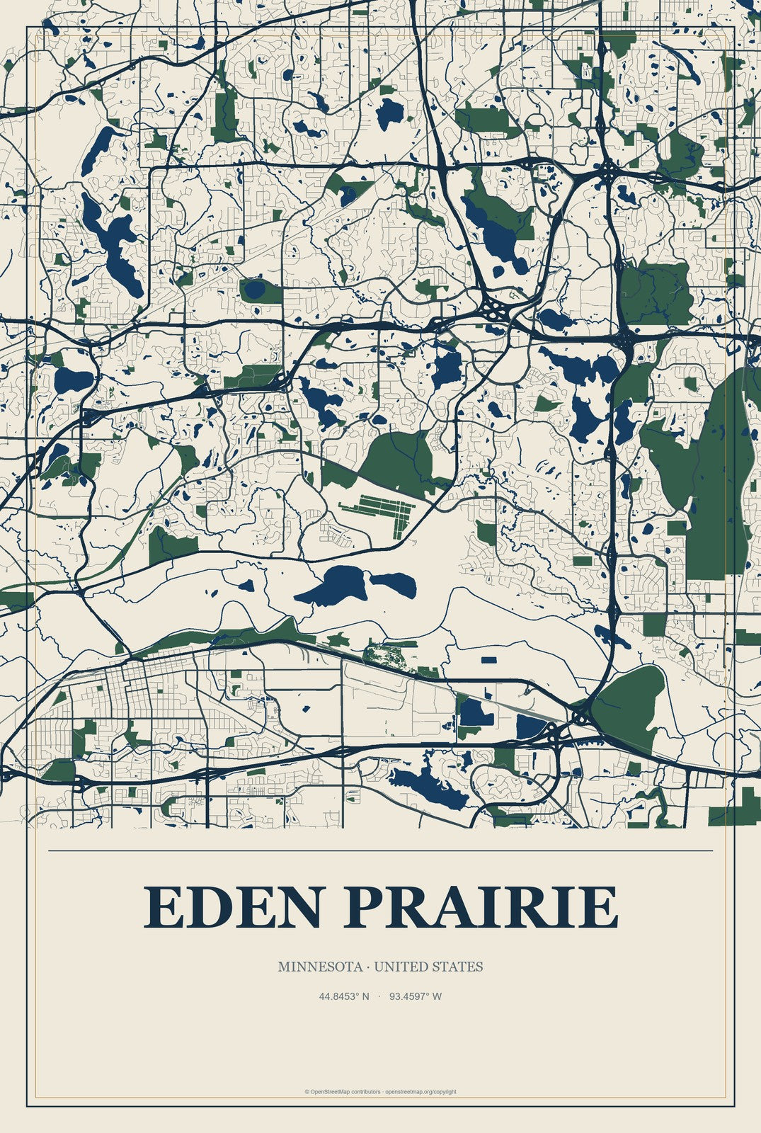 Eden Prairie, Minnesota City Map Aluminum Sign in Coastal Cutout style