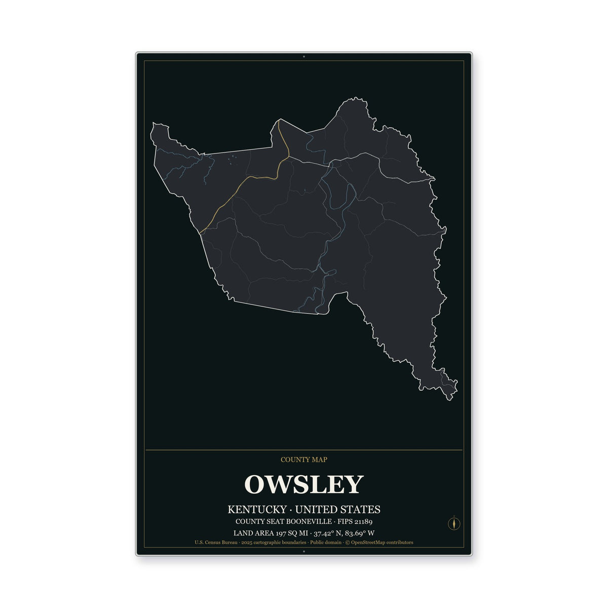 Owsley County, Kentucky Map Aluminum Sign in Metropolitan Noir style