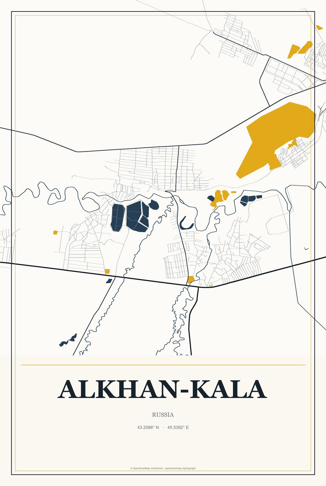 Alkhan-Kala, Russia City Map Aluminum Sign in Citrine Modern style
