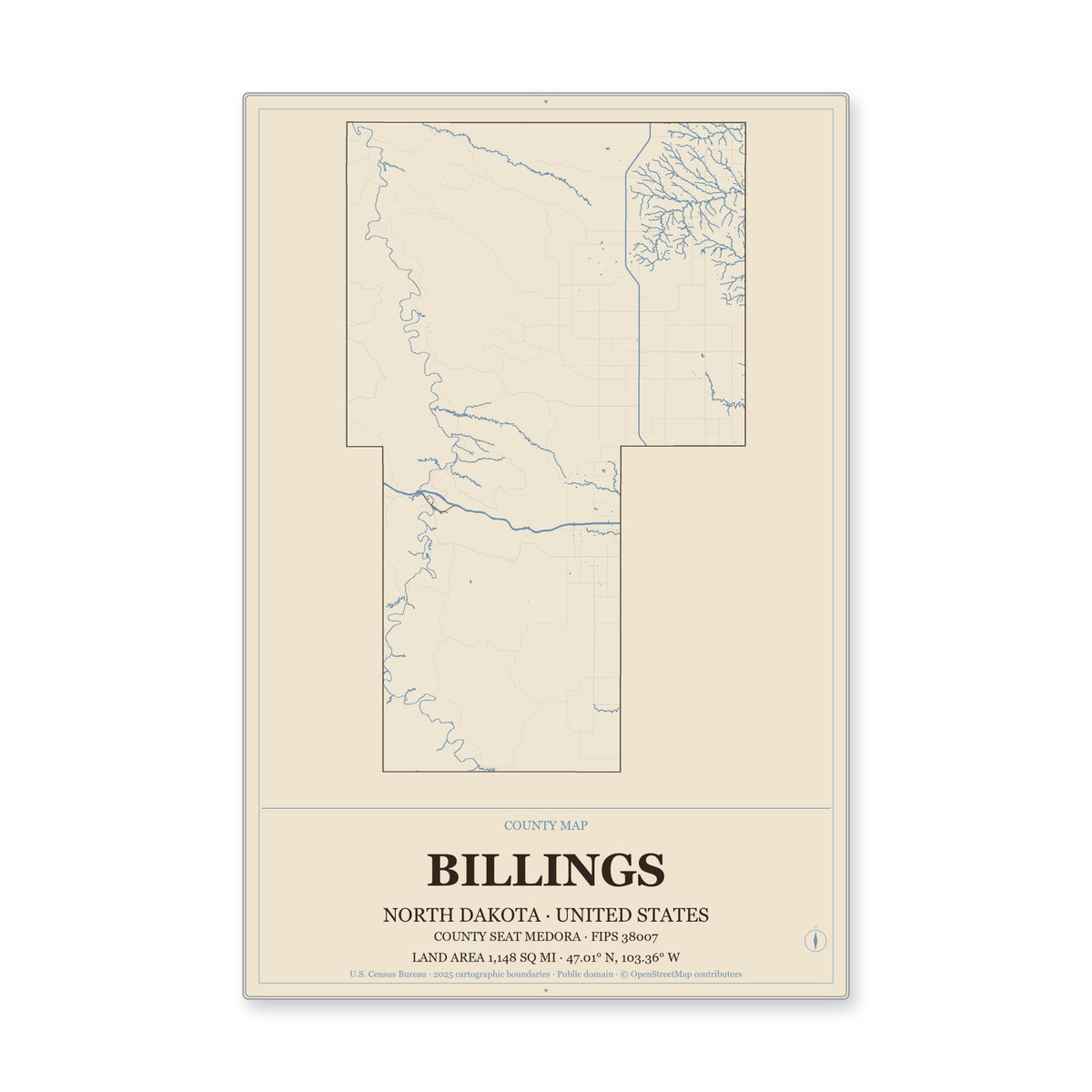 Billings County, North Dakota Map Aluminum Sign in Heritage Nautical style
