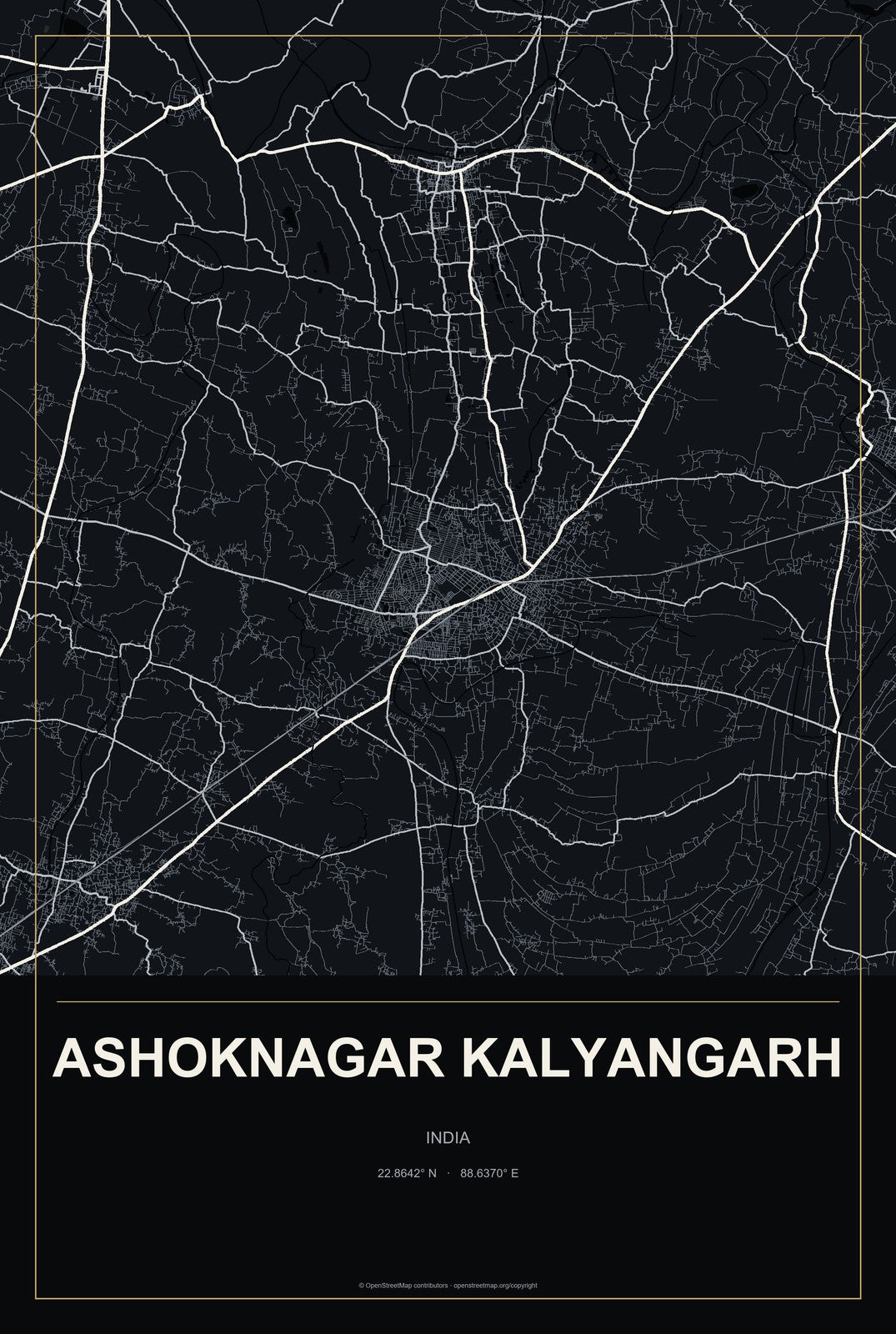 Ashoknagar Kalyangarh, India City Map Aluminum Sign in Metropolitan Noir style