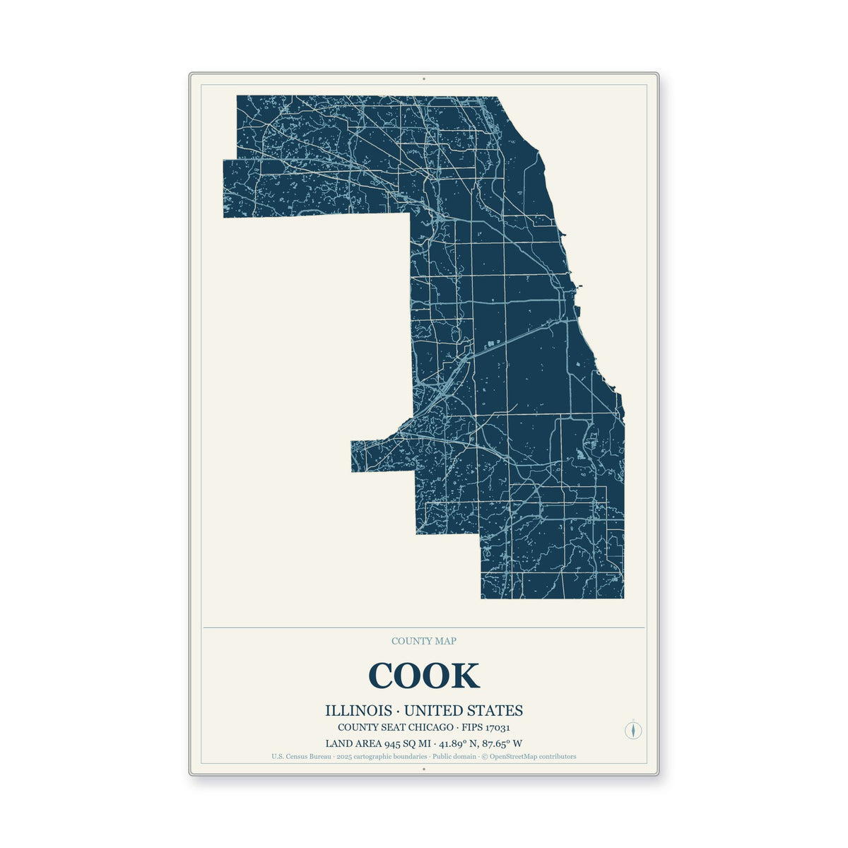 Cook County, Illinois Map Aluminum Sign in Coastal Cutout style