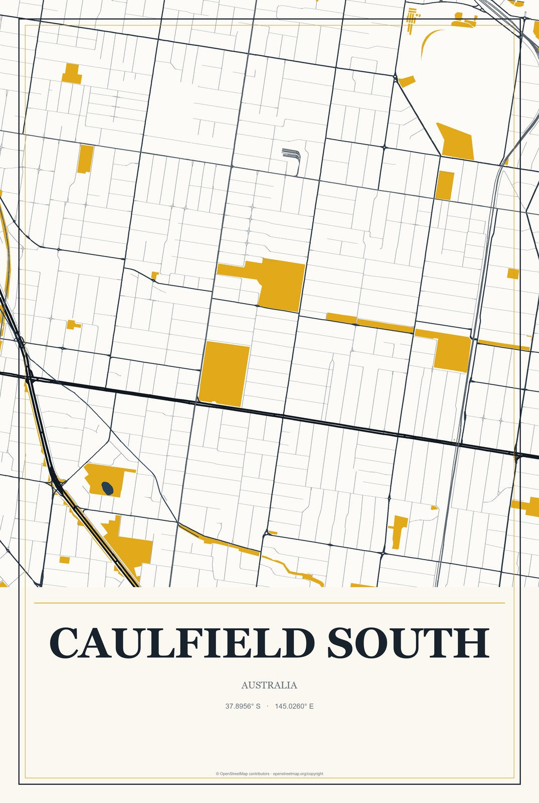 Caulfield South, Australia City Map Aluminum Sign in Citrine Modern style