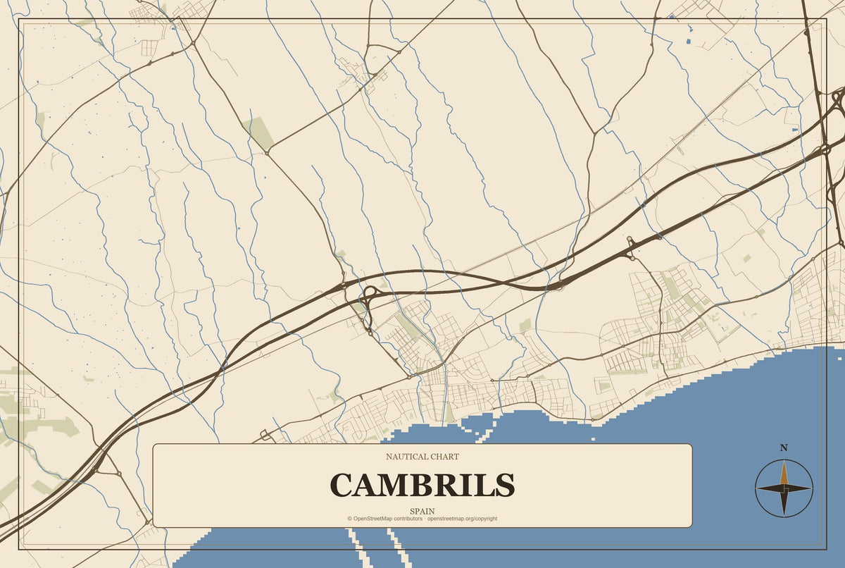 Cambrils, Spain City Map Aluminum Sign in Heritage Nautical style