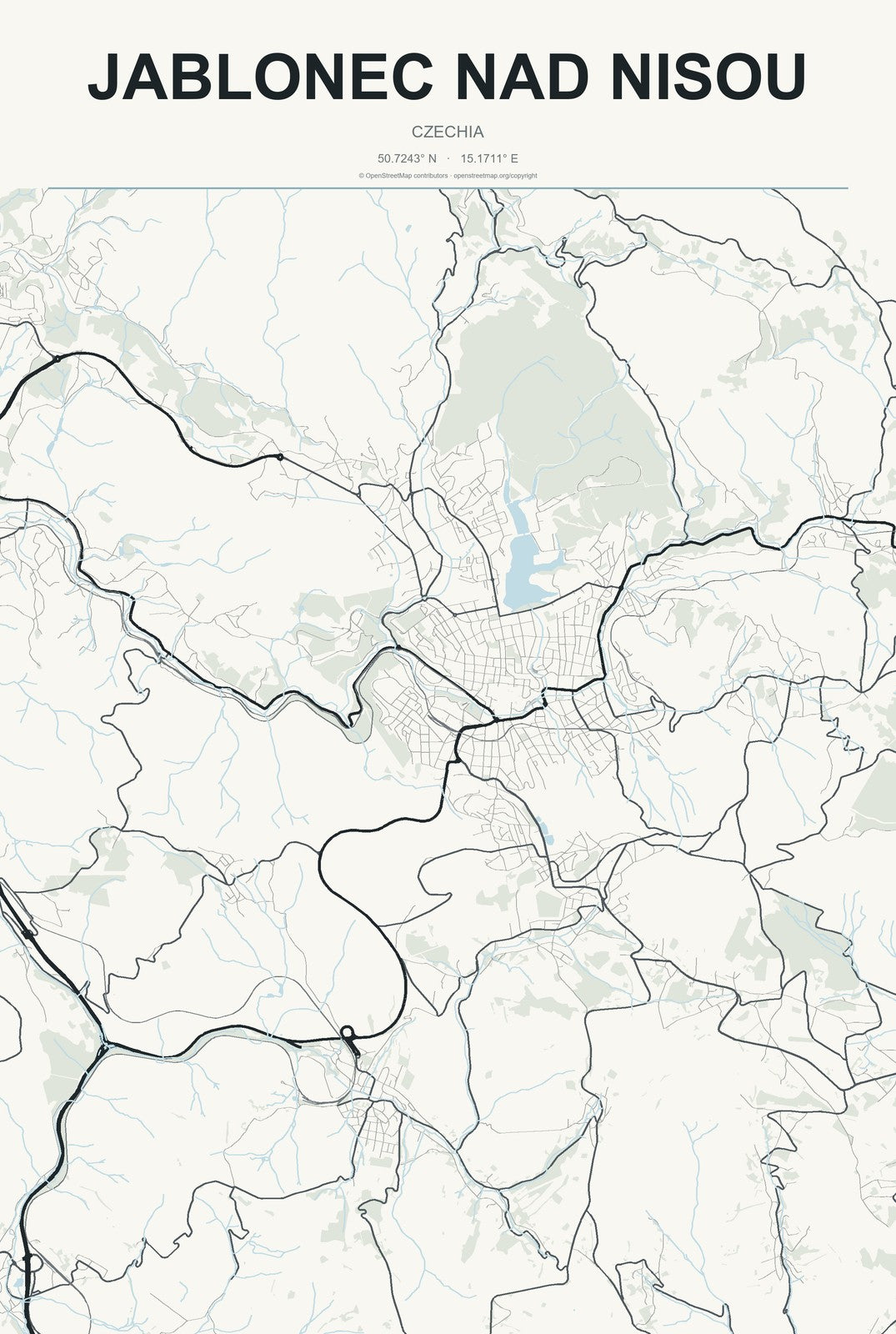 Jablonec nad Nisou, Czechia City Map Aluminum Sign in Headline Atlas style