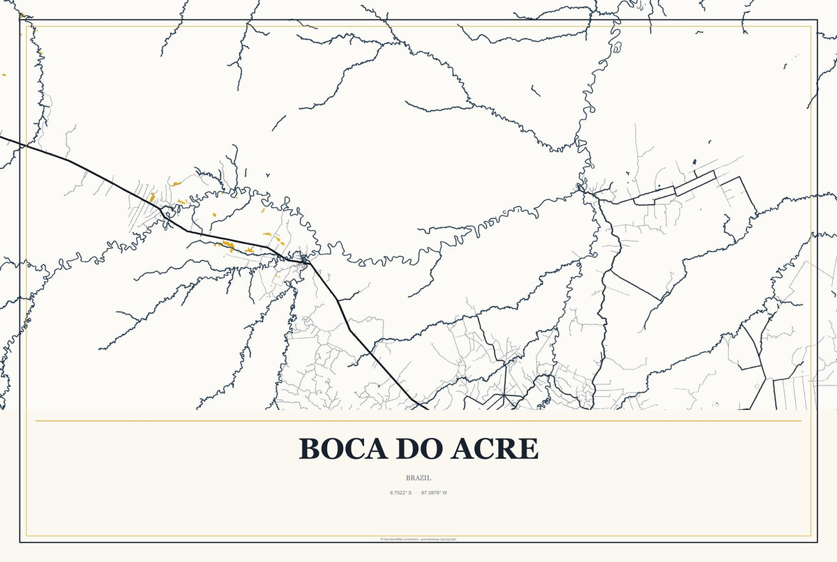 Boca do Acre, Brazil City Map Aluminum Sign in Citrine Modern style