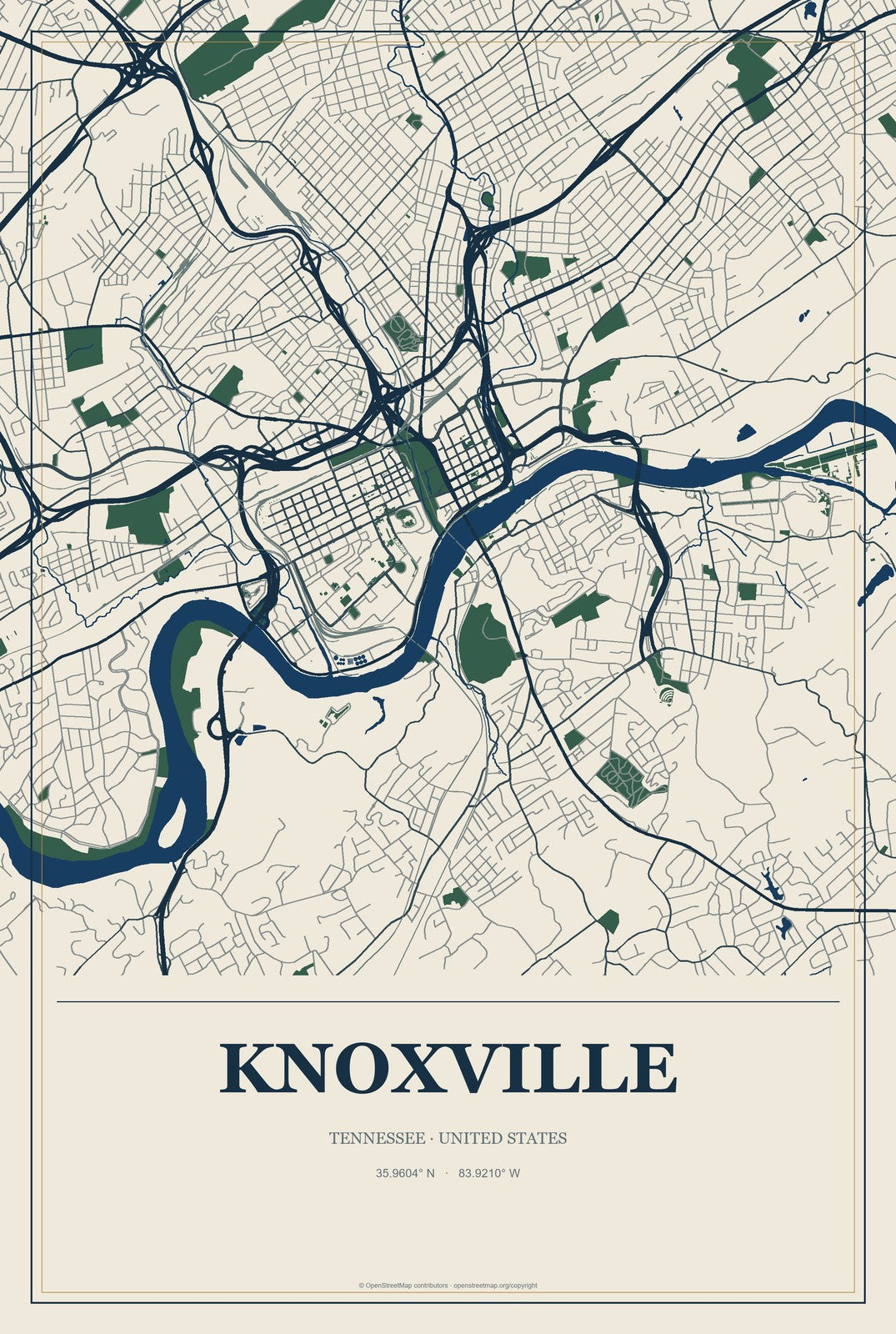 Knoxville, Tennessee City Map Aluminum Sign in Coastal Cutout style