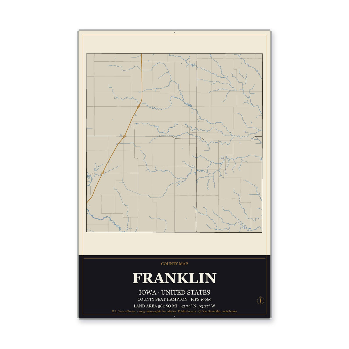 Franklin County, Iowa Map Aluminum Sign in Museum Plaque style