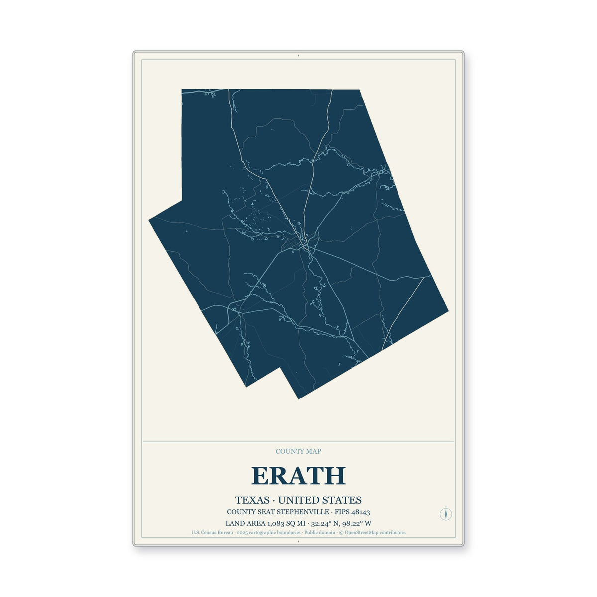 Erath County, Texas Map Aluminum Sign in Coastal Cutout style