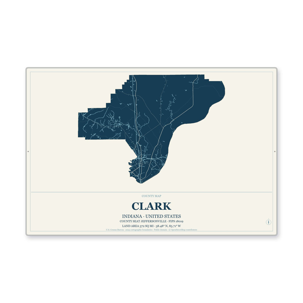 Clark County, Indiana Map Aluminum Sign in Coastal Cutout style