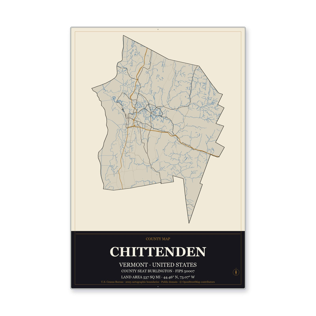 Chittenden County, Vermont Map Aluminum Sign in Museum Plaque style