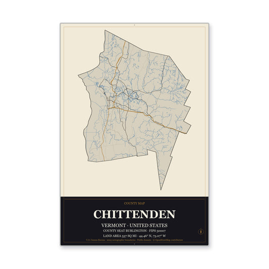 Chittenden County, Vermont Map Aluminum Sign in Museum Plaque style