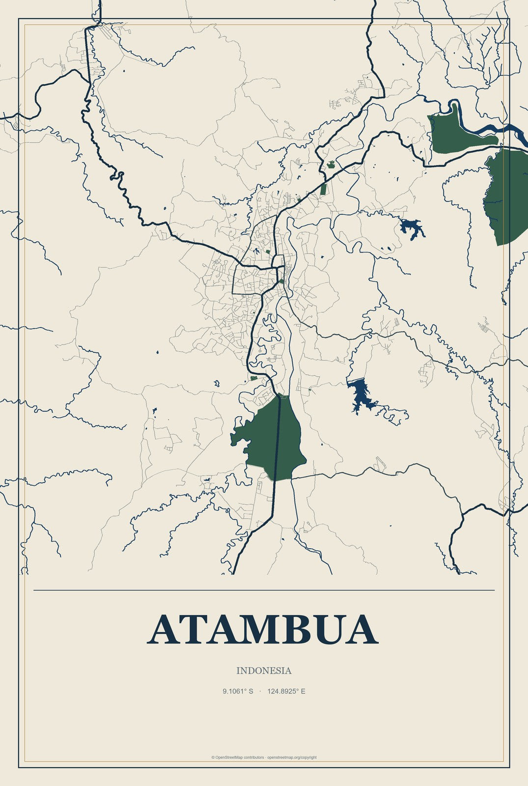 Atambua, Indonesia City Map Aluminum Sign in Coastal Cutout style