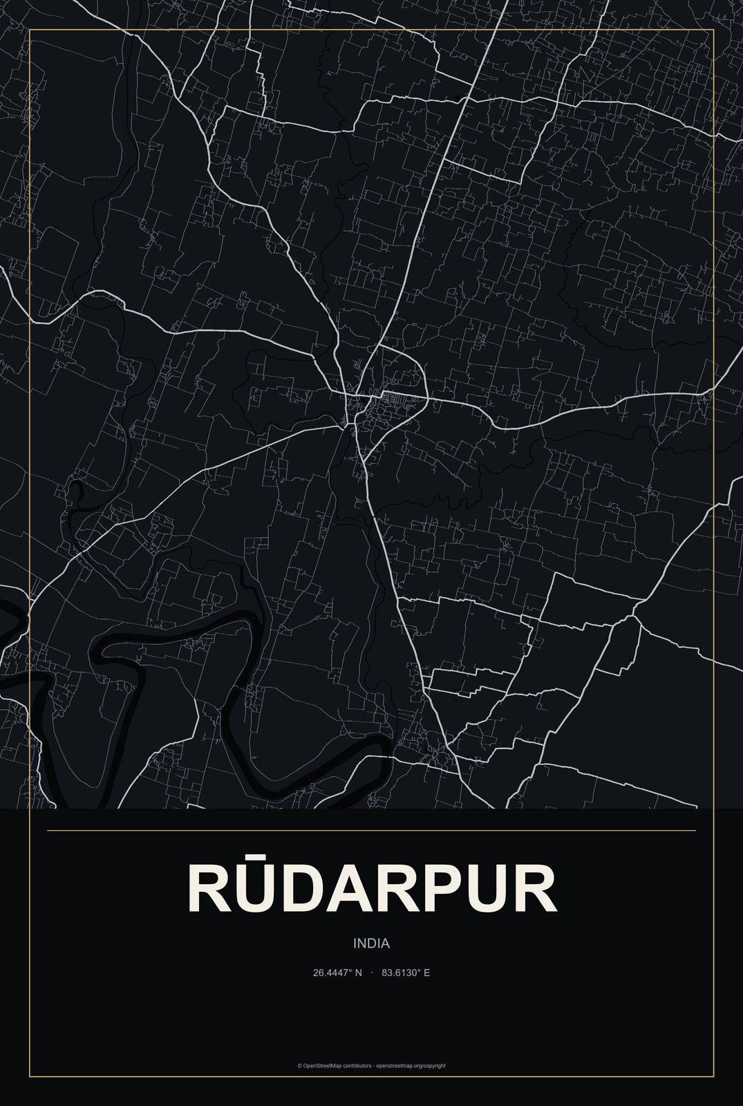 Rūdarpur, India City Map Aluminum Sign in Metropolitan Noir style