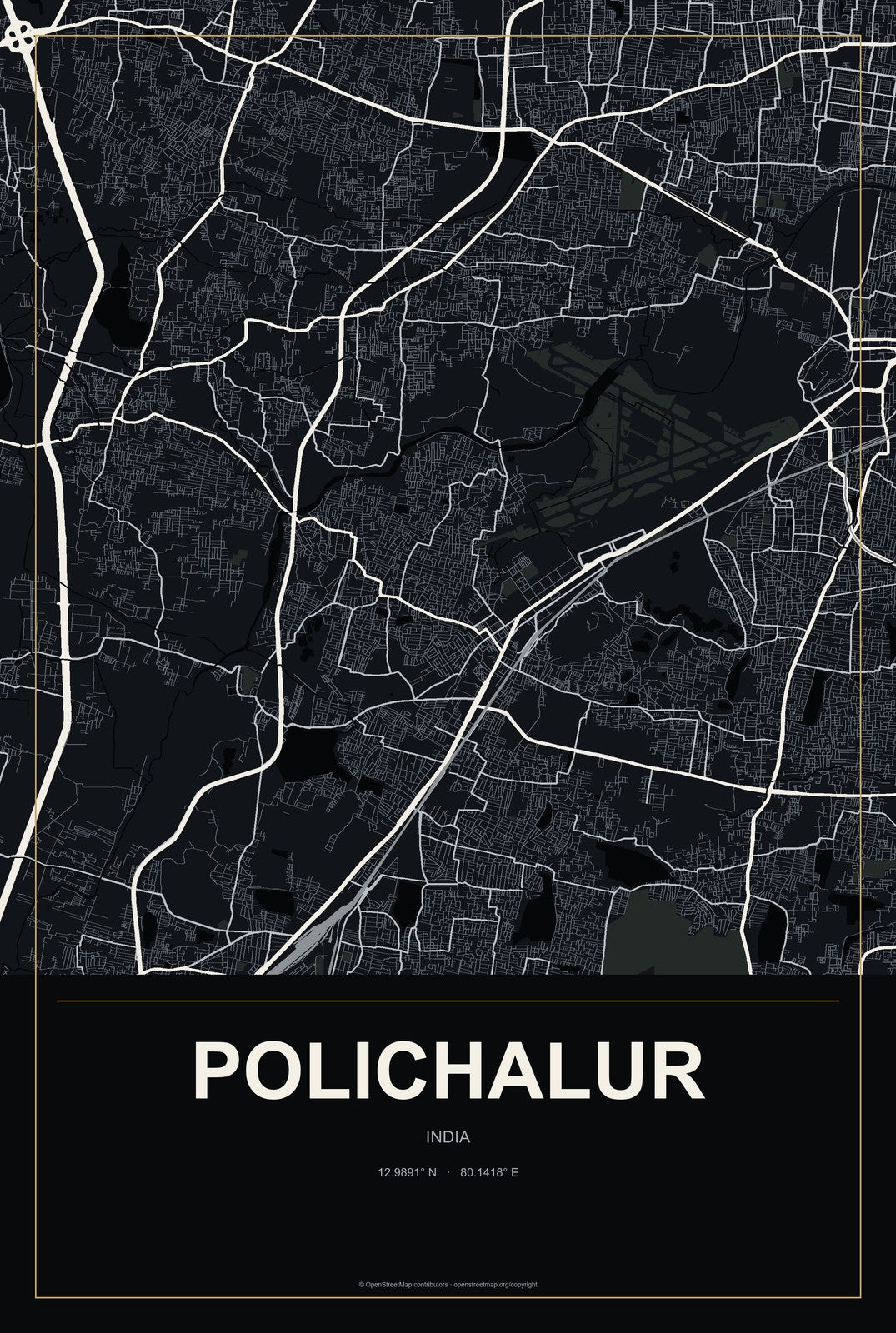 Polichalur, India City Map Aluminum Sign in Metropolitan Noir style